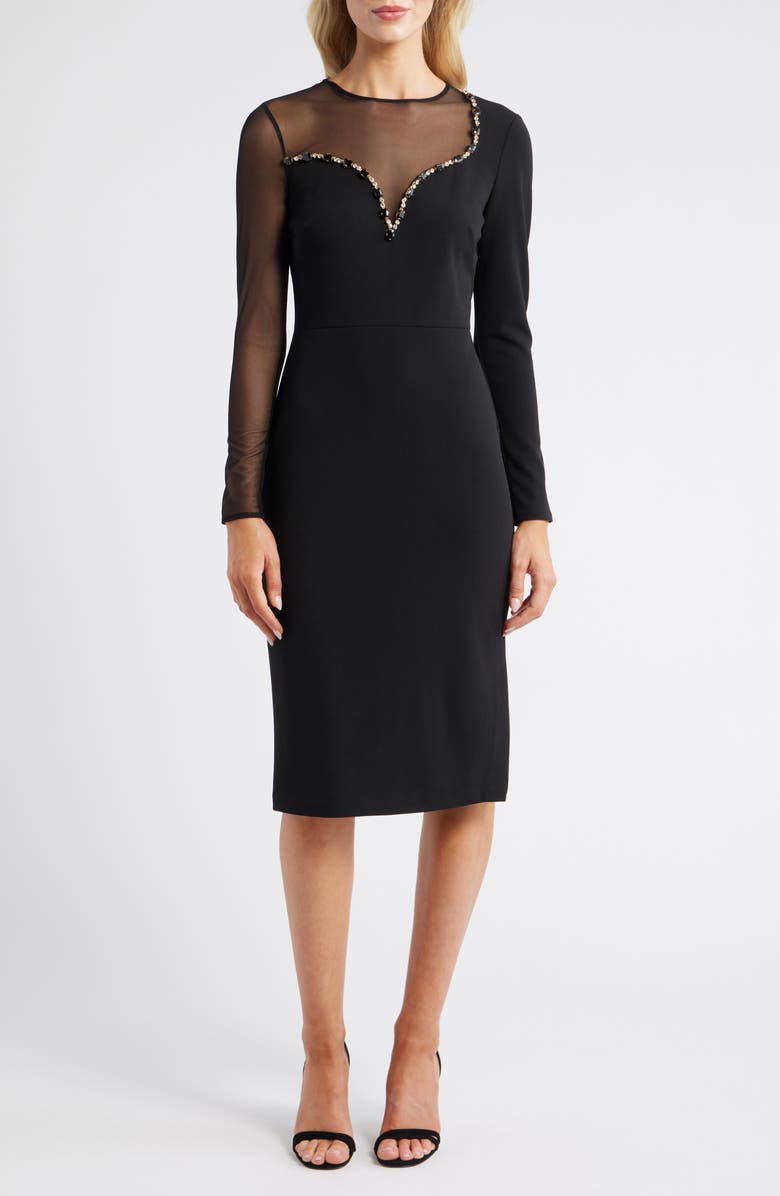 Vince Camuto Long Sleeve Beaded Crepe Midi Dress, Main, color, Black