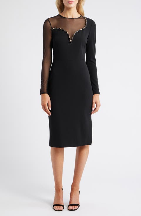 Long Sleeve Beaded Crepe Midi Dress