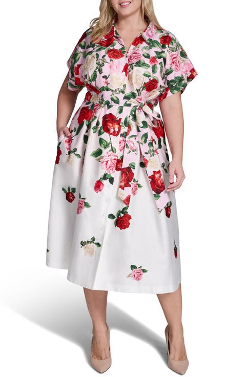 Placed Floral Stretch Cotton Midi Shirtdress (Plus)