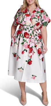 KARL LAGERFELD PARIS Placed Floral Stretch Cotton Midi Shirtdress