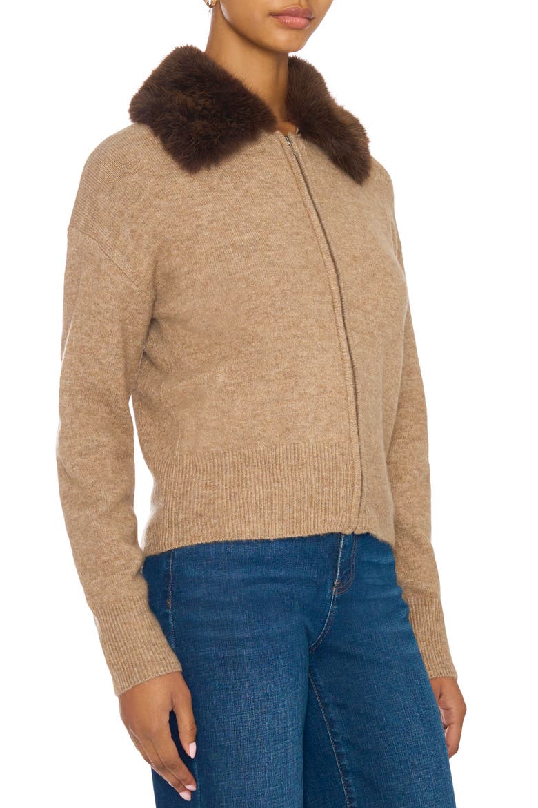 Faux Fur Collar Front Zip Cardigan, Alternate, color, TAUPE
