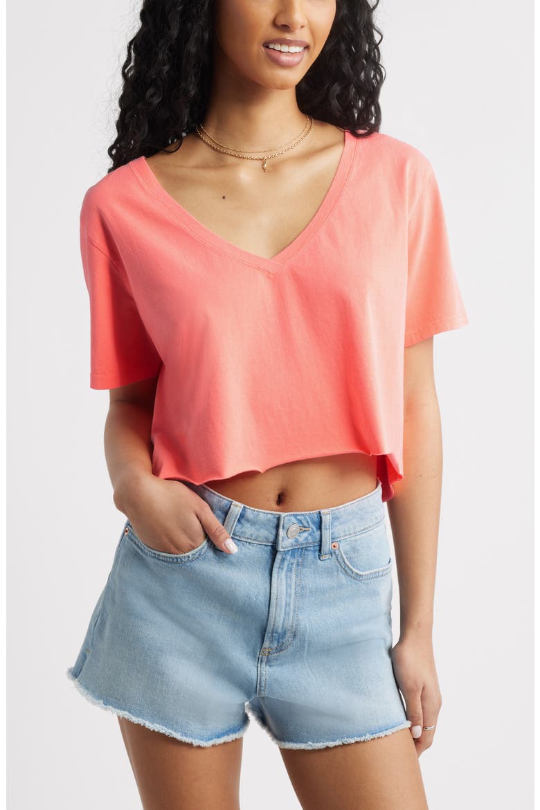 Washed V-Neck Crop T-Shirt, Main, color, CORAL NEON
