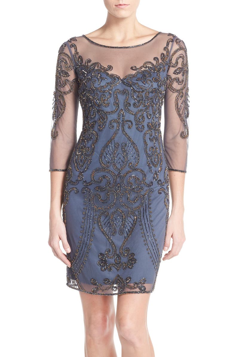 Pisarro Nights Beaded Mesh Sheath Dress, Main, color, 