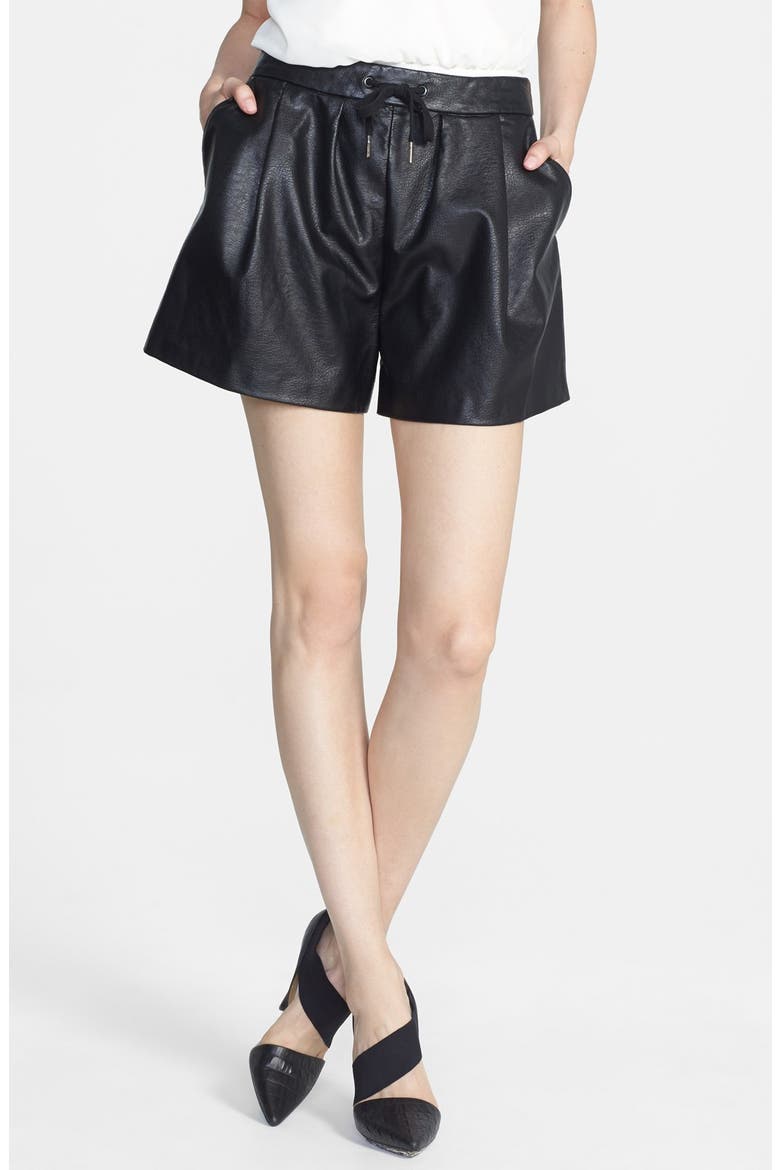 Faux Leather Pleated Shorts, Main, color, BLACK