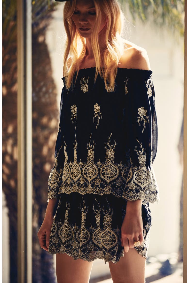 Embroidered Off the Shoulder Top, Alternate, color, BLACK/ IVORY