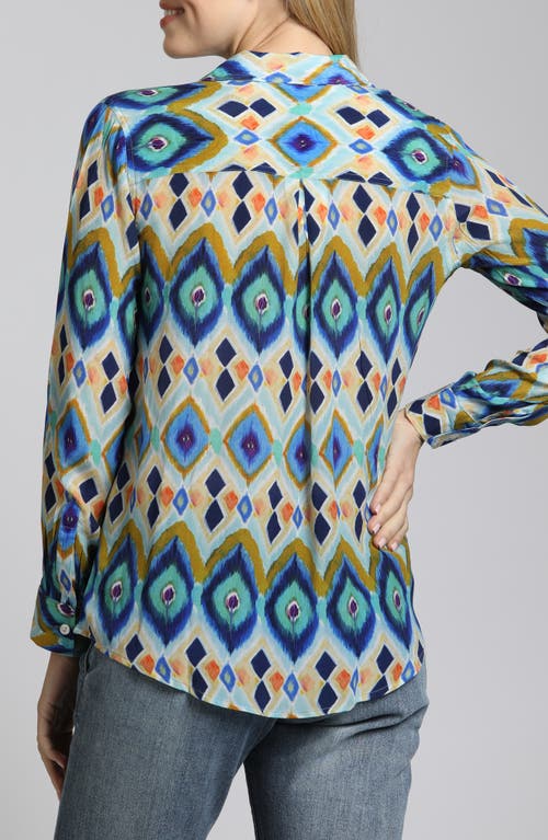 Apny Abstract Print Roll Tab Sleeve Chiffon Button-up Shirt In Turquoise Multi