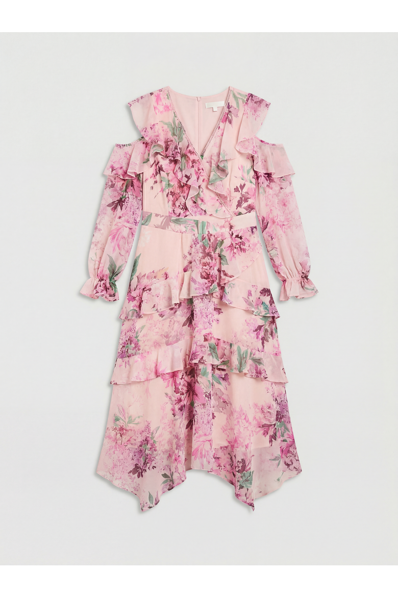 Shoulder Printed Ruffle Midi Dress, Alternate, color, Pink