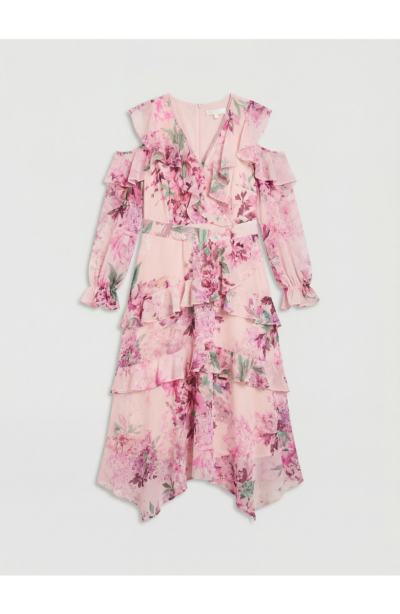 Coast Shoulder Printed Ruffle Midi Dress, Alternate, color, Pink