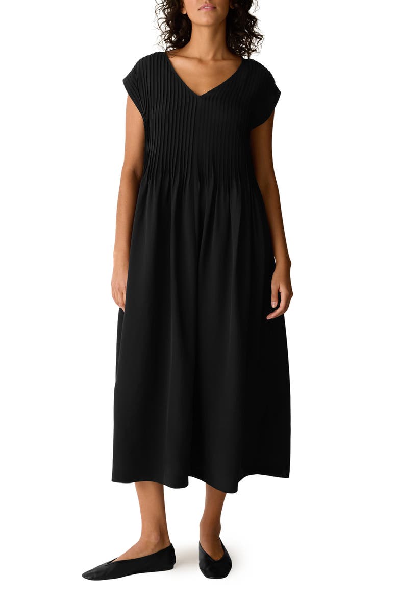 Pintuck Pleat Silk Maxi Dress, Main, color, BLACK