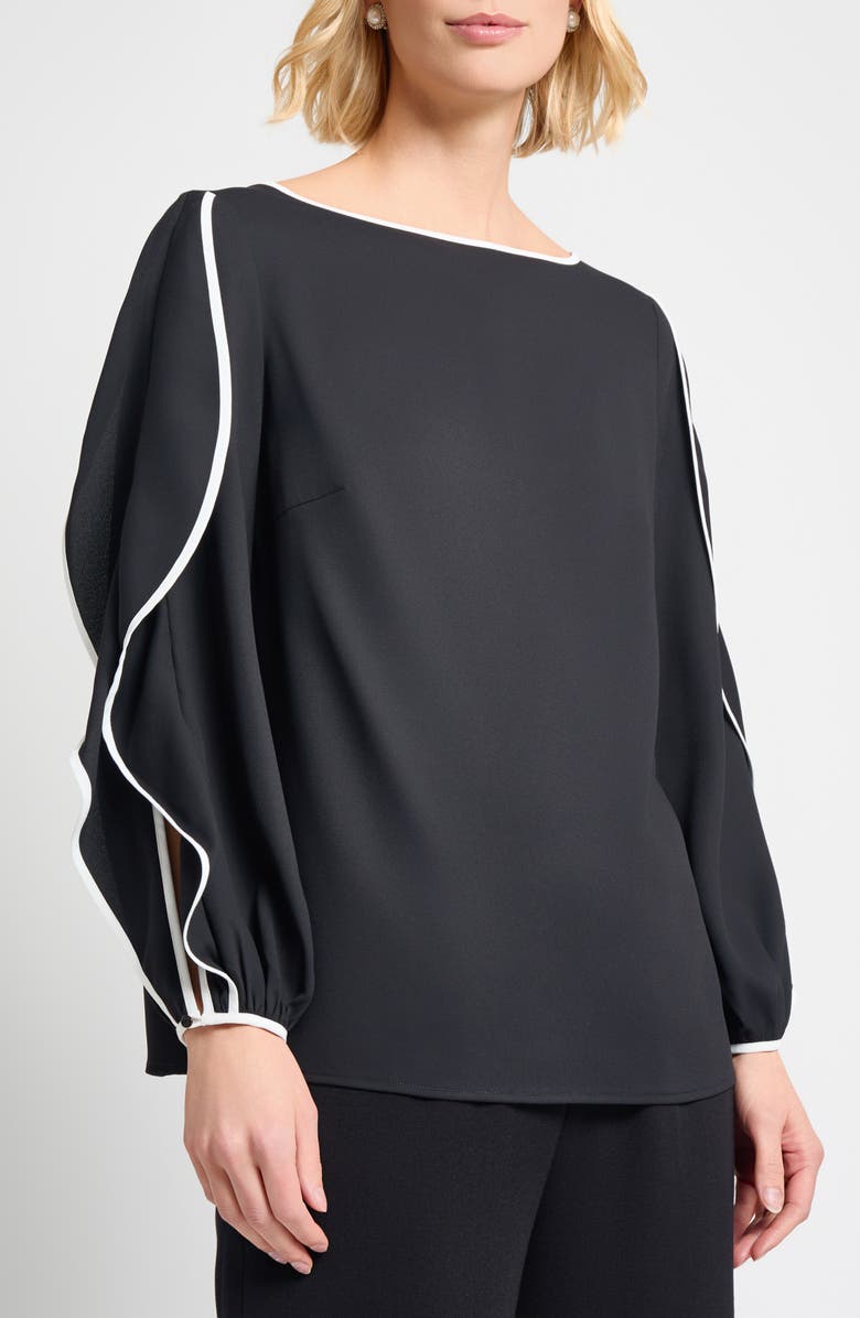 Misook Contrast Trim Butterfly Sleeve Crépe de Chine Top, Main, color, Black/ White