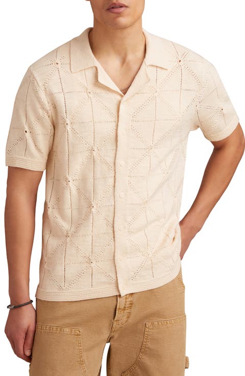 Pointelle Short Sleeve Button-Up Sweater