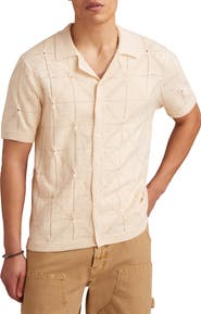 Lucky Brand Pointelle Short Sleeve Button-Up Sweater