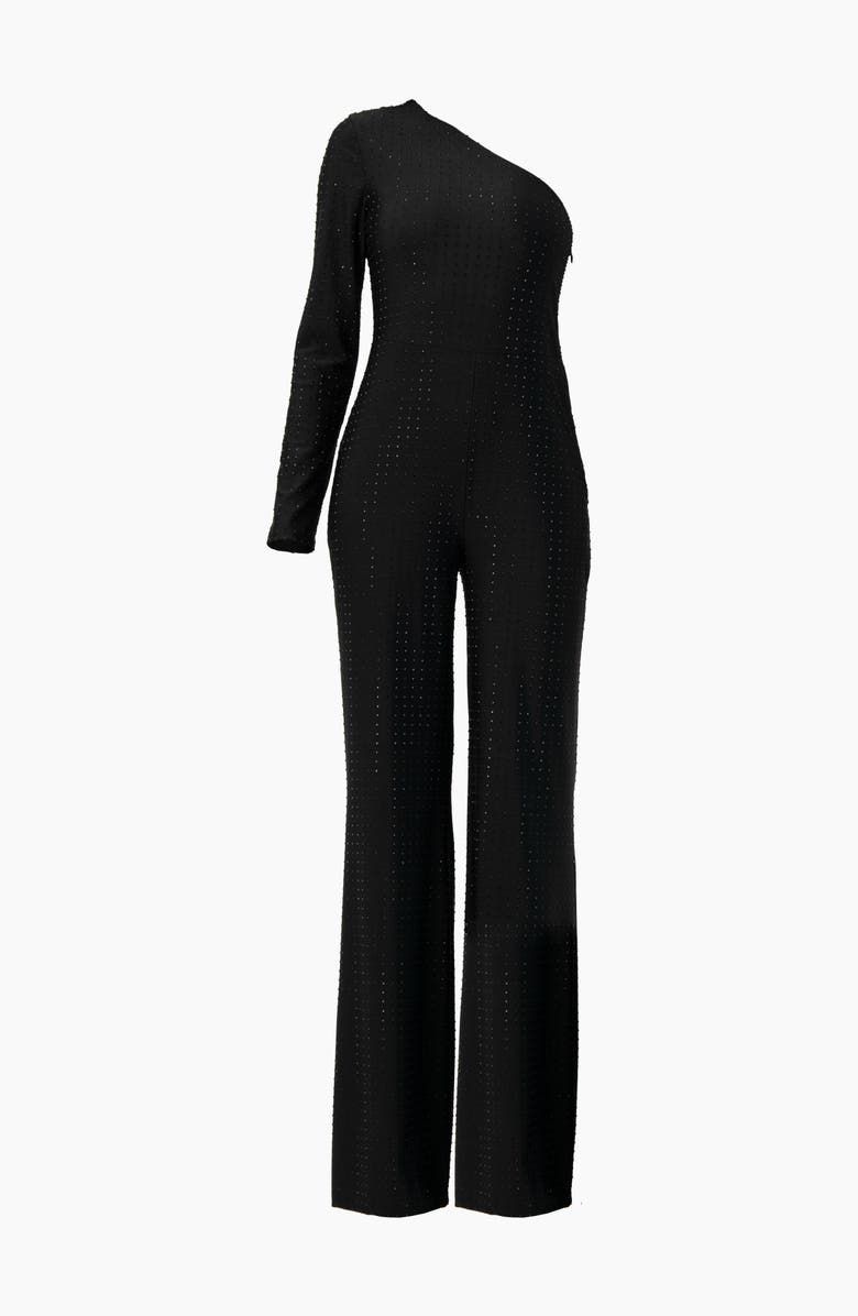 IVONNE Wide-Leg Textured Jumpsuit with One Long Sleeve, Alternate, color, Black
