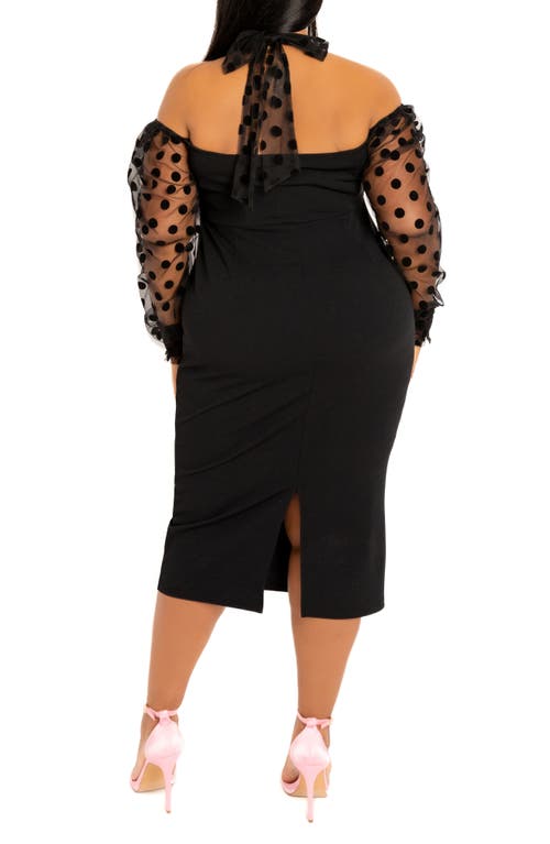 Buxom Couture Polka Dot Contrast Long Sleeve Sheath Dress In Black
