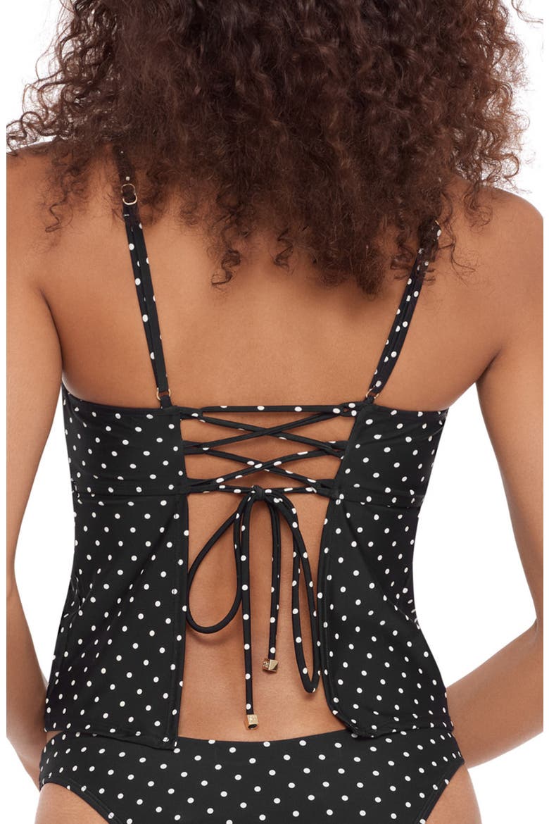 Polka Dot Lace-Up Tankini Top, Alternate, color, RAVEN BLACK