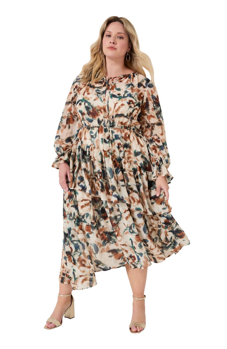 June + Vie Tiered Pleated Midi Dress, Main, color, Watercolor Floral