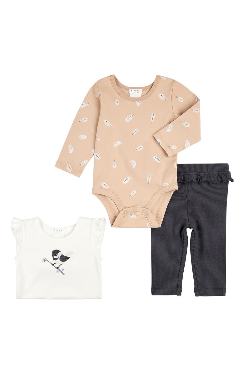 FIRSTS by Petit Lem Chickadee Bodysuit, Tee & Leggings Set, Main, color, Off White