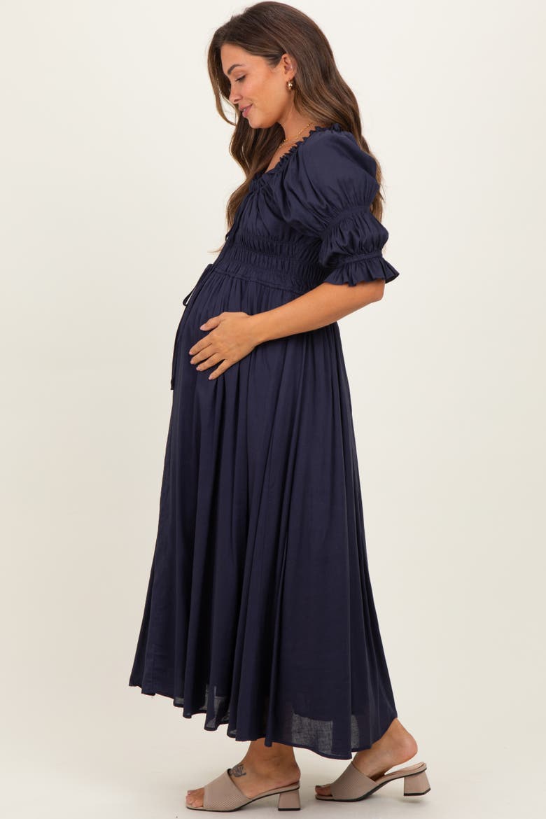 Smocked Ruffle Square Neck Midi Dress, Alternate, color, Navy Blue