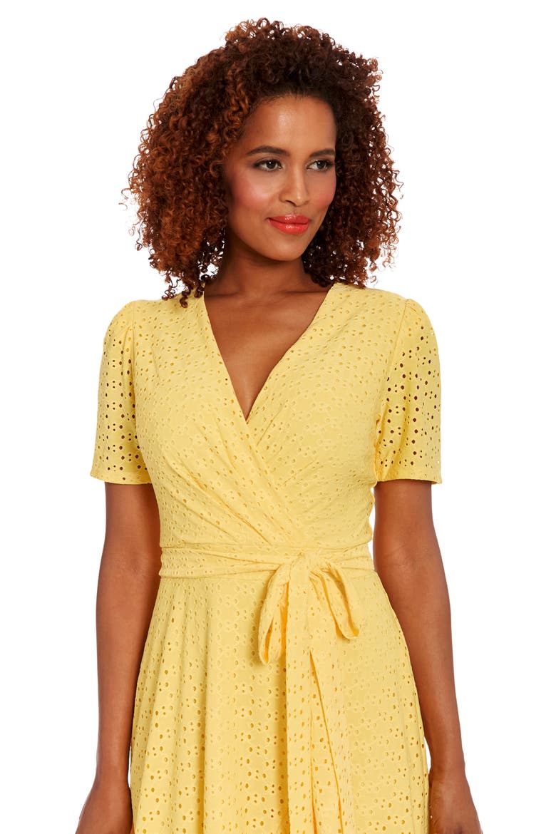 Stretch Eyelet Short Sleeve Ruffle Wrap Dress , Alternate, color, SNAPDRAGON