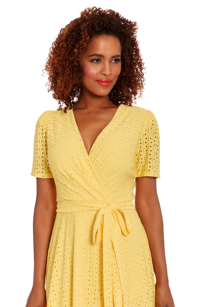 London Times Stretch Eyelet Short Sleeve Ruffle Wrap Dress, Alternate, color, Snapdragon