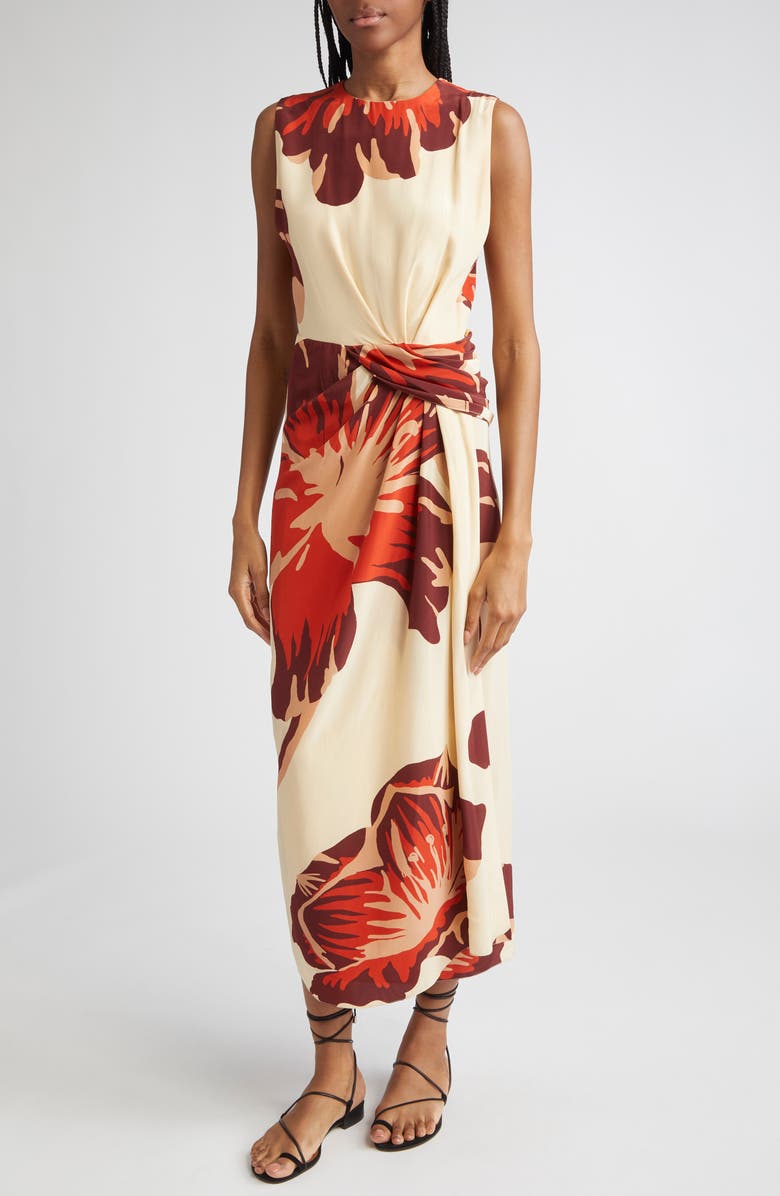 Johanna Ortiz Odyssey Floral Print Dress with Removable Cape, Alternate, color, Ecru / Wine / Red / Pink