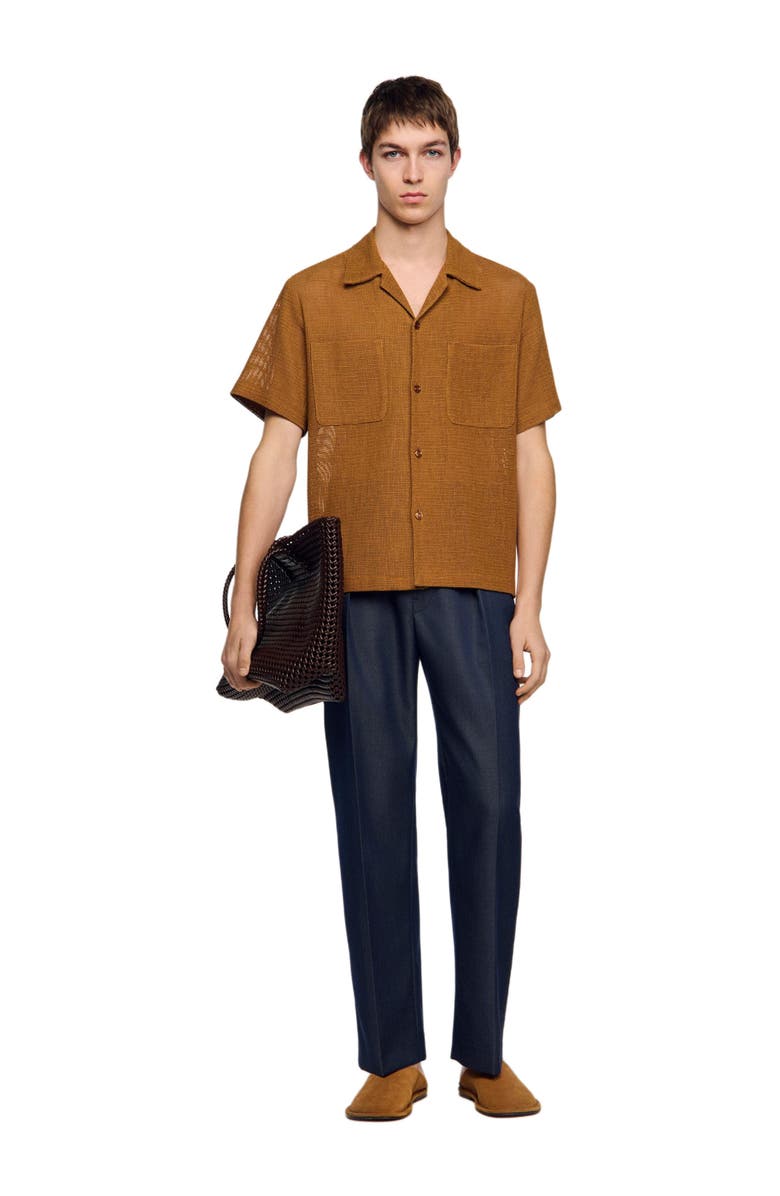 SANDRO Openwork mesh shirt, Alternate, color, Camel