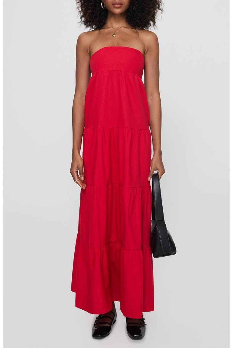Kazia Strapless Tiered Cotton & Linen Maxi Sundress, Main, color, RED
