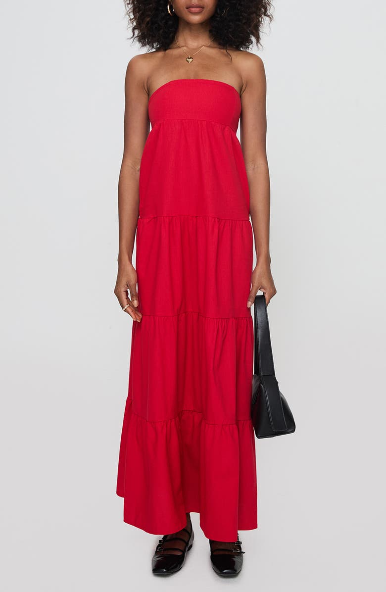 Princess Polly Kazia Strapless Tiered Cotton & Linen Maxi Sundress, Main, color, Red