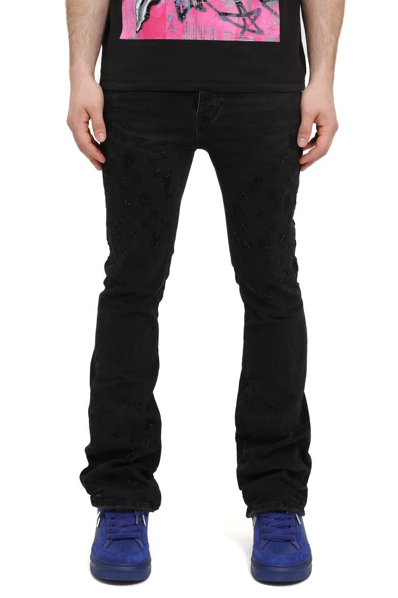 Monogram Beaded Slim Flare Jeans, Main, color, BLACK