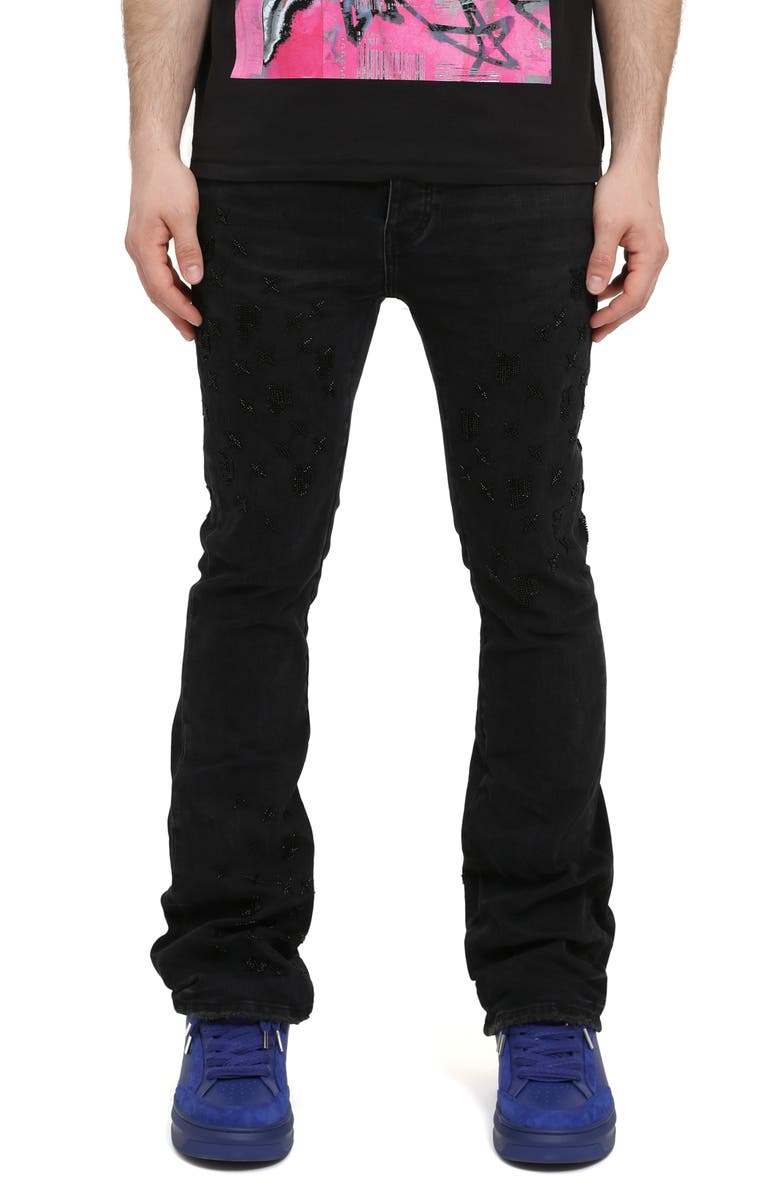PURPLE BRAND Monogram Beaded Slim Flare Jeans, Main, color, Black