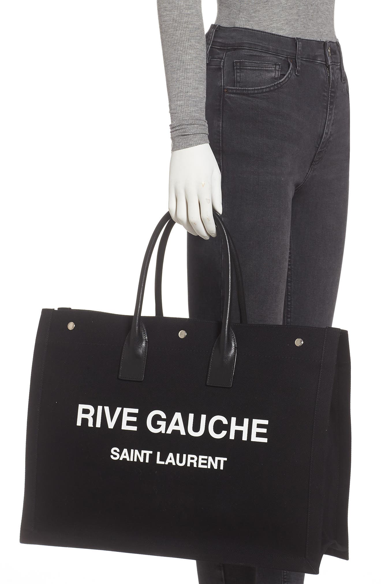 Saint Laurent Noe Rive Gauche Logo Canvas Tote, Alternate, color, 