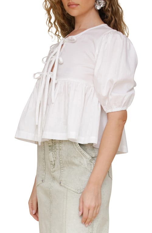 Avec Les Filles Tie Front Puff Sleeve Cotton Top In White