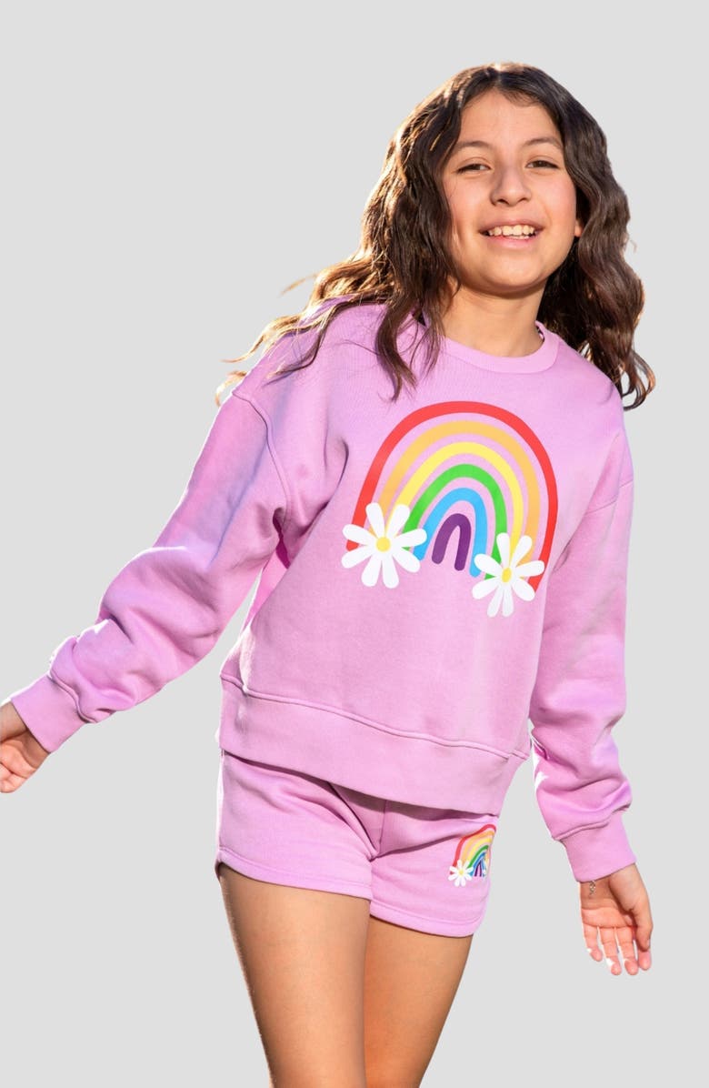 PixieLane Kids' Cloud Soft Rainbow Graphic Sweatshirt, Alternate, color, Pink Daisy Rainbow