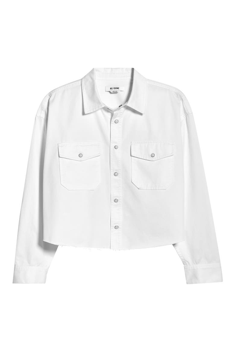 Camper Raw Hem Crop Snap-Up Twill Shirt, Alternate, color, BLANCO