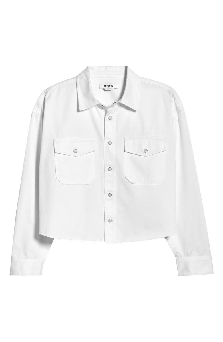 Re/Done Camper Raw Hem Crop Snap-Up Twill Shirt, Main, color, Blanco