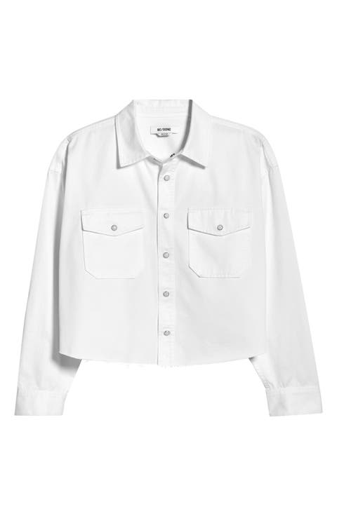 Camper Raw Hem Crop Snap-Up Twill Shirt