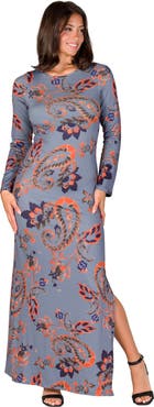 24seven Comfort Apparel Long Sleeve Side Slit Fitted Maxi Dress