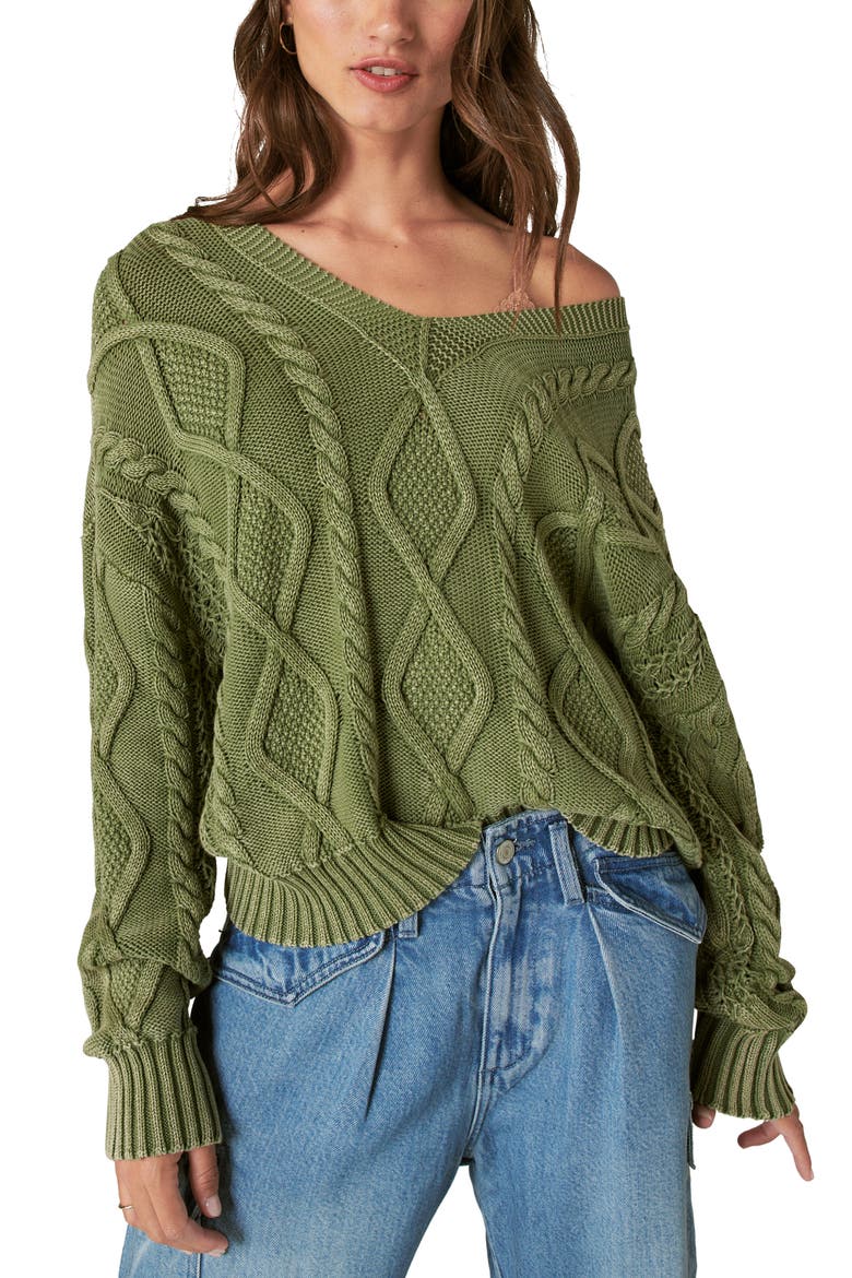 Cable Stitch V-Neck Sweater, Main, color, CAPER GREEN AW