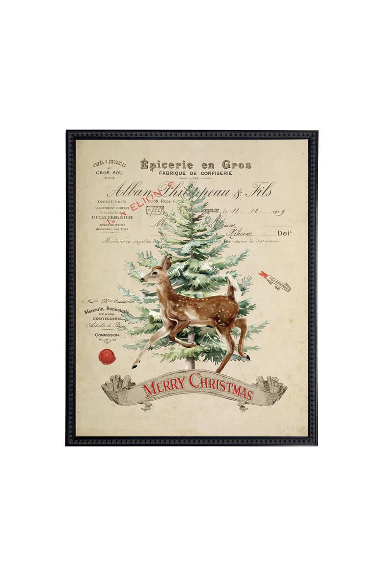 Vintage Painting of Deer and Tree on a distressed bookplate background, Main, color, Beige