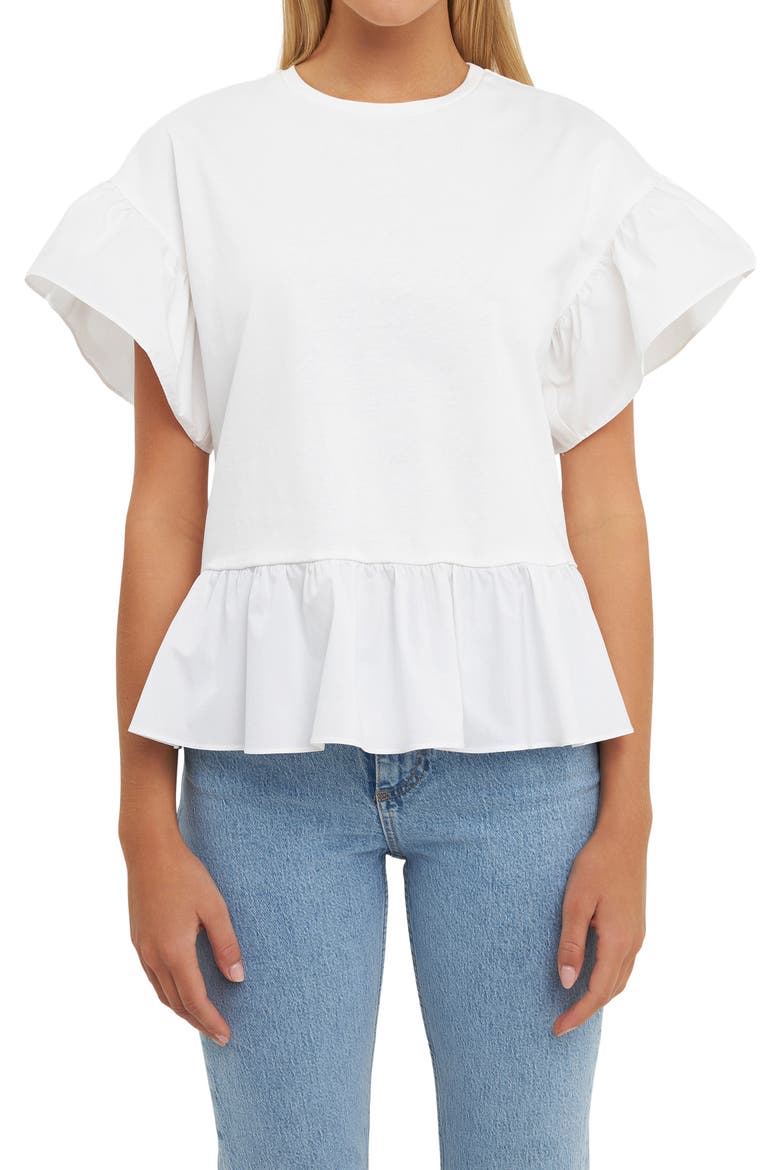Mixed Media Flutter Sleeve Peplum Cotton Top, Main, color, WHITE