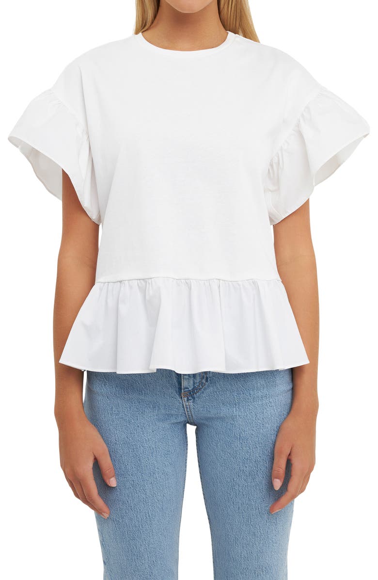 English Factory Mixed Media Flutter Sleeve Peplum Cotton Top, Main, color, White