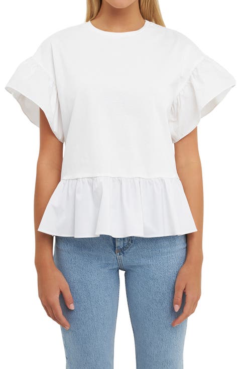 Mixed Media Flutter Sleeve Peplum Cotton Top