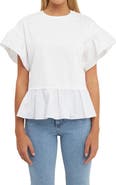 English Factory Mixed Media Flutter Sleeve Peplum Cotton Top