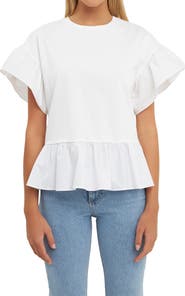 English Factory Mixed Media Flutter Sleeve Peplum Cotton Top