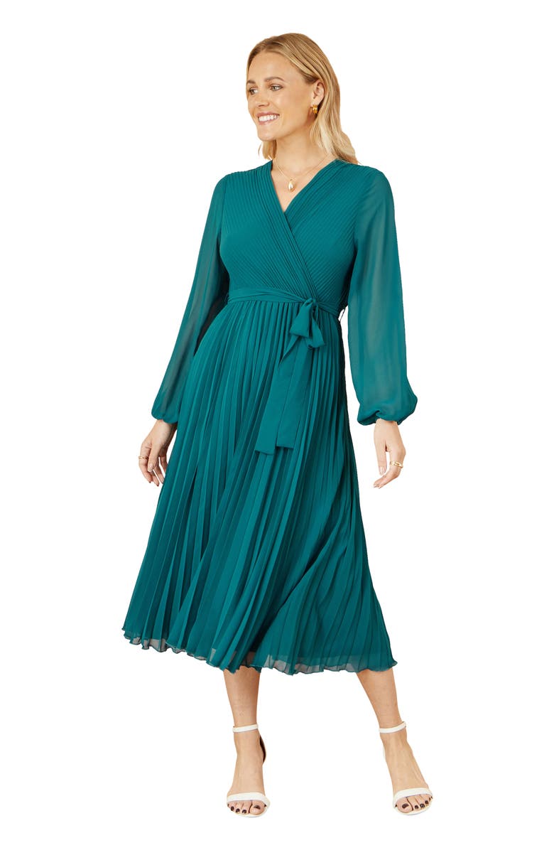 Yumi Long Sleeved Pleated Midi Wrap Dress, Main, color, Teal