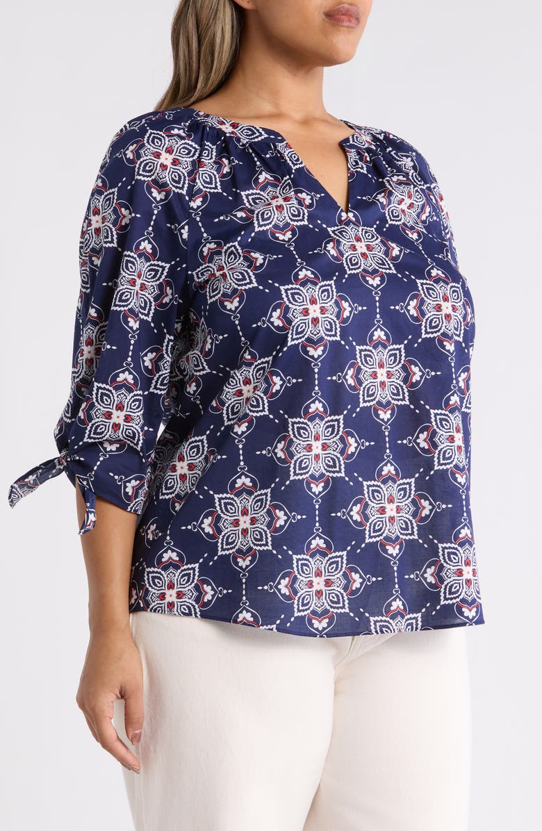 Jones New York Printed Tie Cuff Raglan Sleeve Cotton Top, Alternate, color, Pacific Navy Multi