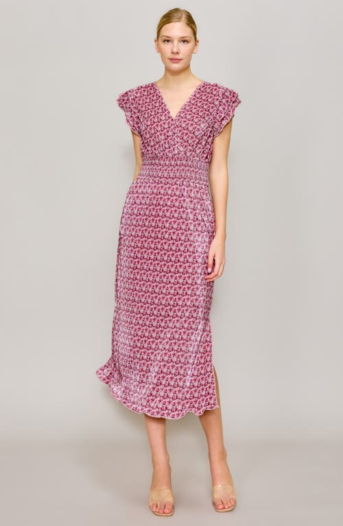 Melloday Cap Sleeve Plissé Midi Dress In Pink Multi