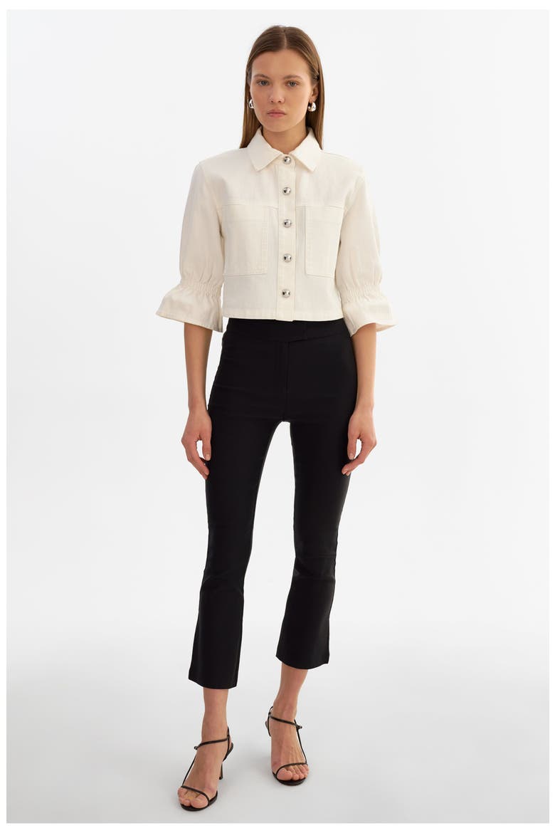 Carolina D | Denim Ruffle Sleeve Jacket, Alternate, color, White