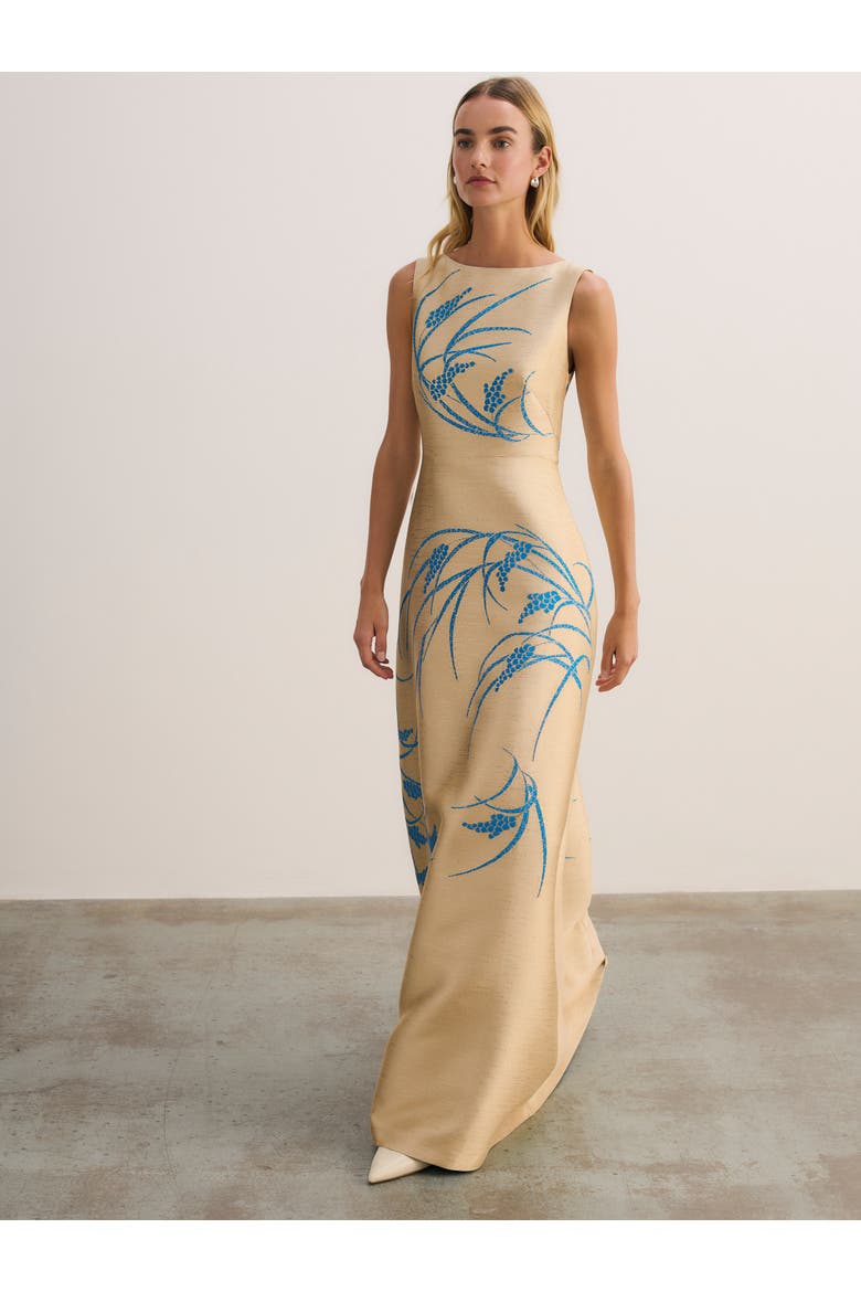 Embroidered Jacquard Maxi Gown Boat Neck, Alternate, color, Gold