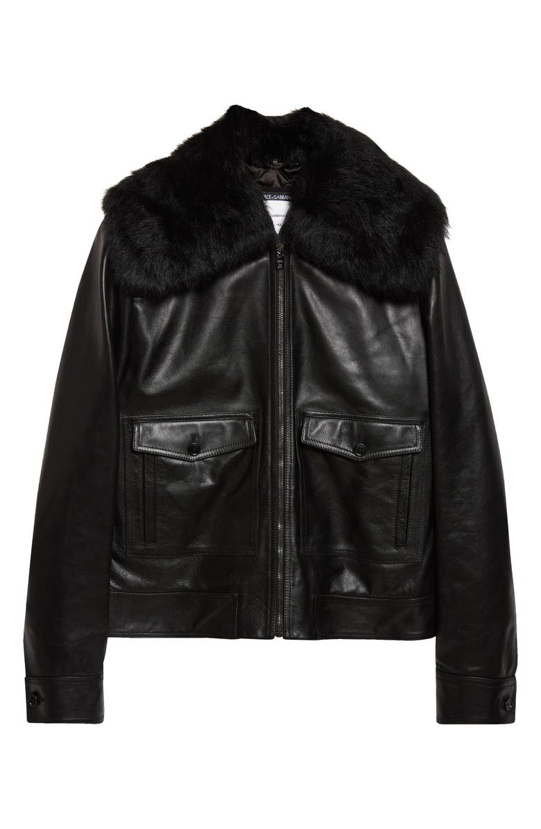 Dolce&Gabbana Leather Jacket with Genuine Shearling Collar, Main, color, Nero